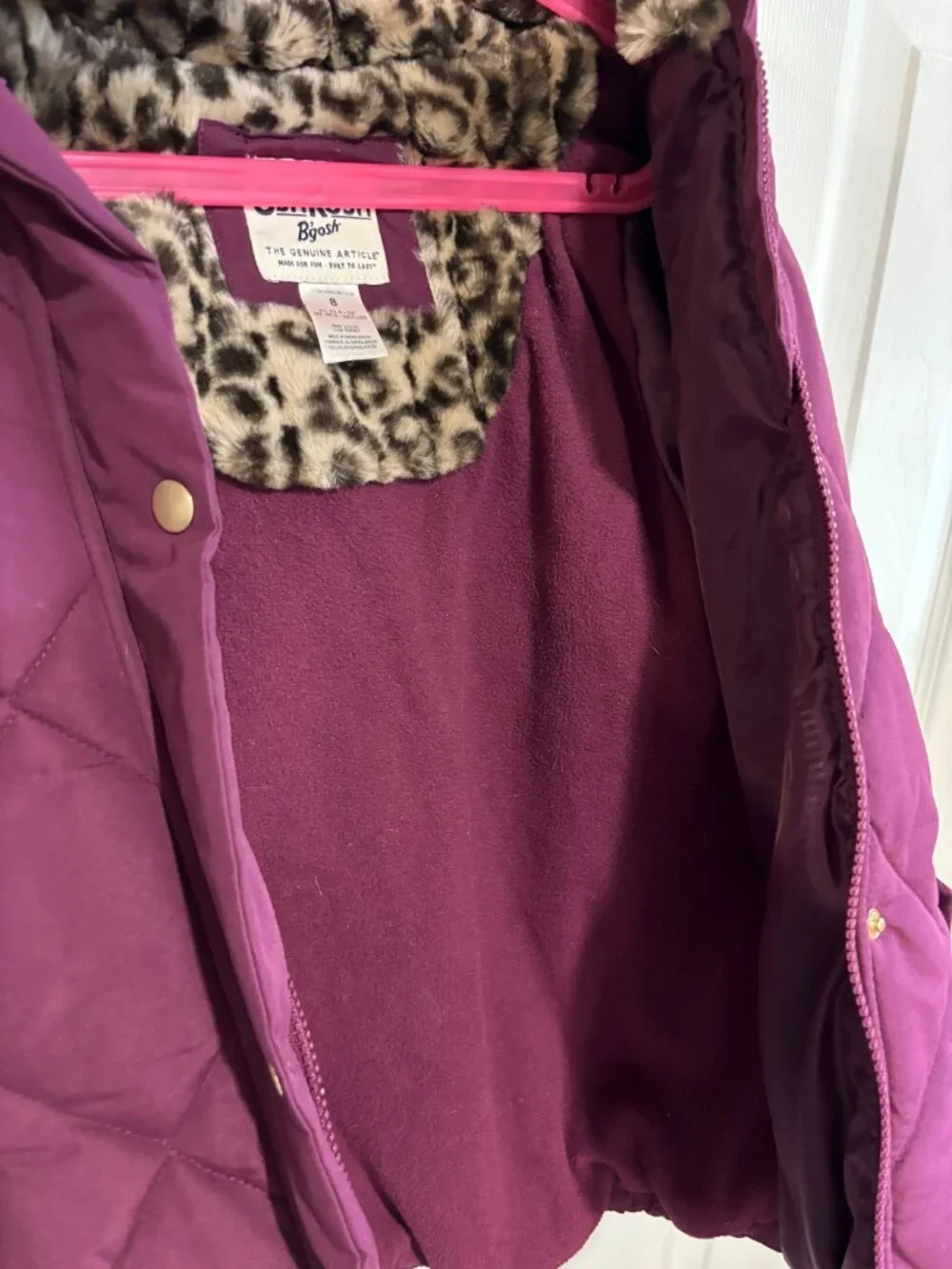 OshKosh B'Gosh Quilted Puffer Coat Purple w/ Faux Fur Lined Leopard Print Hood 8